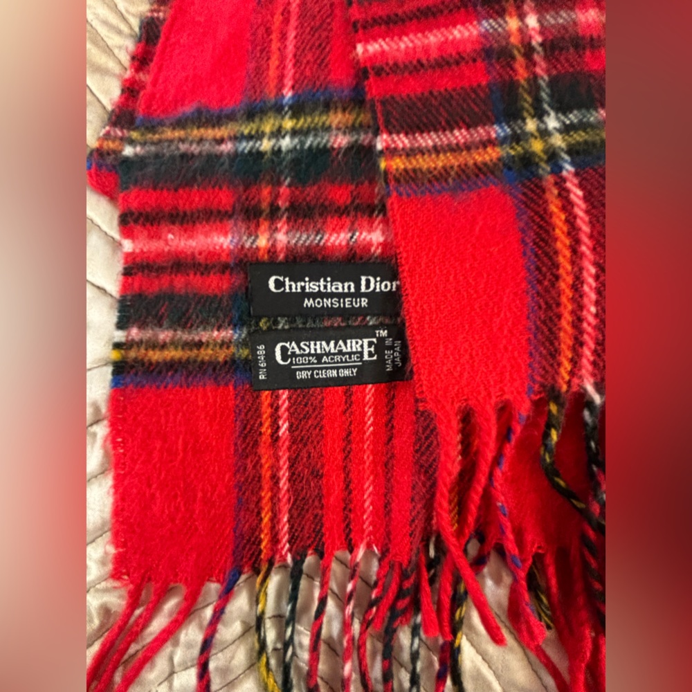 Christian Dior Monsieur Vintage Red Plaid Cashmaire Scarf Made in Japan - Picture 7 of 15